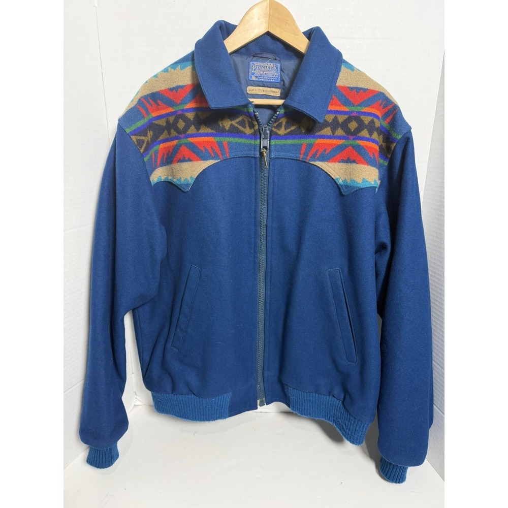 Vintage PENDLETON High Grade USA L Teal Blue Aztec Wool Lined Bomber Jacket